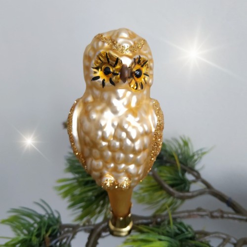 Bombka szklana SOWA mała złota na klipsie 1 sztuka