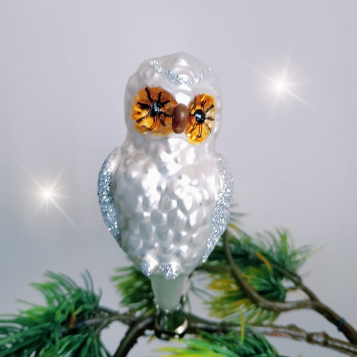 Bombka szklana SOWA mała biała na klipsie 1 sztuka