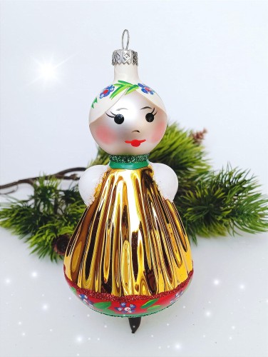 Bombka szklana DUŻA LALKA W STROJU LUDOWYM niebieska