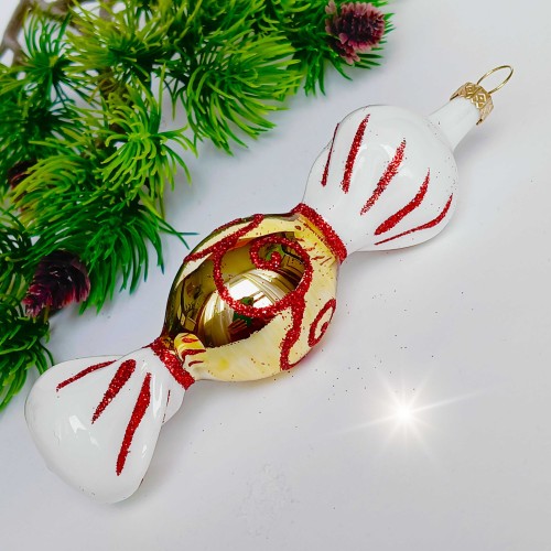 Bombka szklana CUKIEREK biało - złoty 1 sztuka