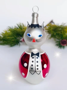 Bombka szklana KOT W CZERWONEJ KAMIZELCE 1 szt